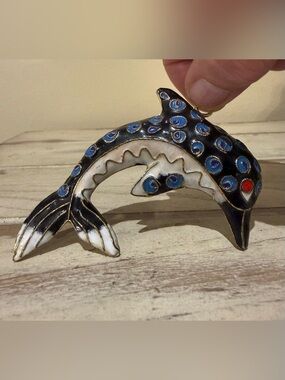Vtg Cloisonné Dolphin Pendant Charm - Blue Swirl Enamel Gold Tone Ocean Nautical